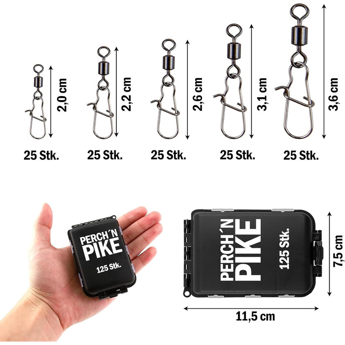 Набір рибальських вертлюжків PERCHN PIKE, включно з ящиком, Duo-Lock Snap, 8-28 кг, набір рибальських вертлюжків, набір вертлюжків 125 для спінінгової риболовлі, вертлюг рибальський з карабином для лову форелі, окуня, судака та щуки.