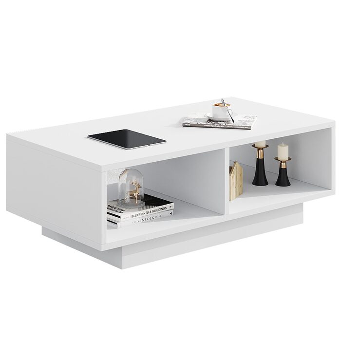 Білий журнальний столик, центральний/чайний столик для вітальні, сучасний та стильний прямокутний журнальний столик з 2 відкритими відділеннями, прямокутний бічний столик/столик до дивана, для спальні/офісу, 90x48x31 см, білий дерев&39яний композит
