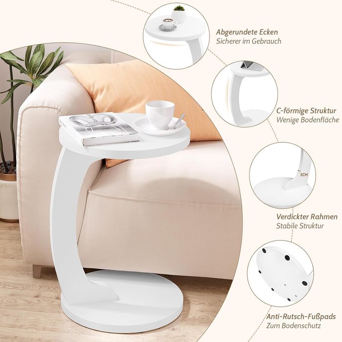 Журнальний столик WOLTU C-подібної форми, круглий журнальний столик, столик для дивана, стіл для вітальні, приставний столик, маленький столик для дивана, дивана, ліжка, виготовлений з МДФ, 38xH55 см, білий, BTS20ws