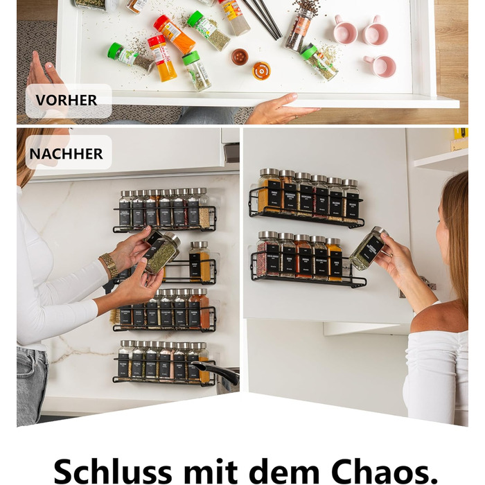 Настінна підставка для спецій Deco haus (свердління не потрібне) З 24 БАНКАМИ ДЛЯ СПЕЦІЙ ТА ЕТИКЕТКАМИ - Підвісна підставка для спецій, комплект з 4 шт. - Чорний тримач для спецій (свердління не потрібне) - Органайзер для спецій - Кришки з нержавіючої ста