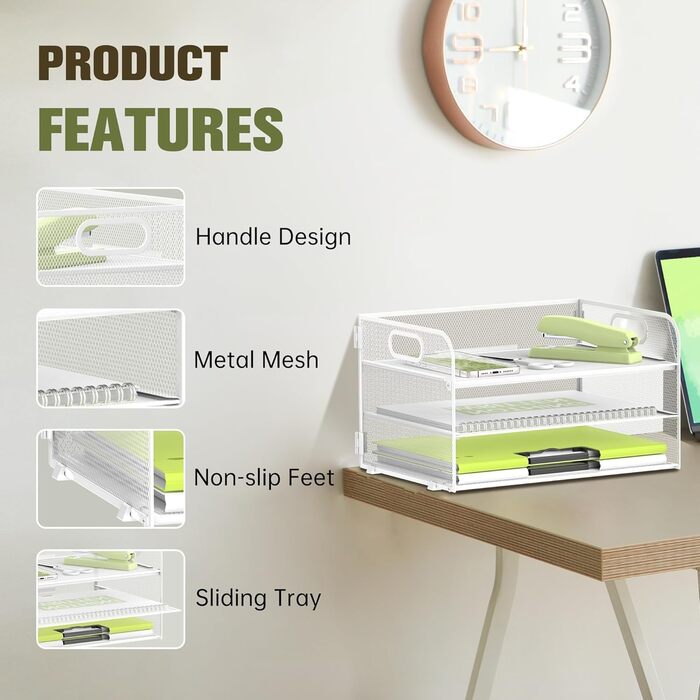 Лоток для документів А4, 3 відділення, штабелювані офісні лотки, металевий лоток з ручкою, білий