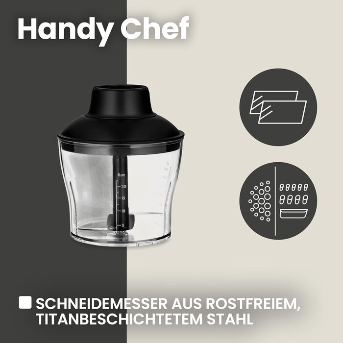 Ручний блендер ZEEGMA Handy Chef 5в1 багатофункціональний 1500 Вт, набір насадок блендер, блендер, віночок, гачок для змішування, кухонний комбайн 0,6 л, контейнер 0,8 л, турборежим, регулювання швидкості