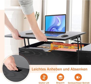 Журнальний столик Sweetcrispy з регульованою висотою, стіл для вітальні, журнальний столик з відкритим та прихованим місцем для зберігання, журнальний столик-диван, бічний столик, дерев&39яний столик-диван 100 x 50 см для вітальні, чорний/темно-чорний