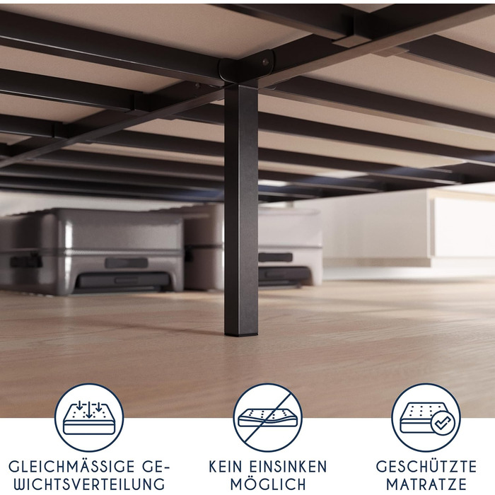 Ліжко Dreamzie 160x200 з металевою рейковою основою - Каркас ліжка 160x200 для матраца, висота 35 см - Великий простір для зберігання, легко збирається та стійке - Чорна рейкова основа 160x200, висота 35 см