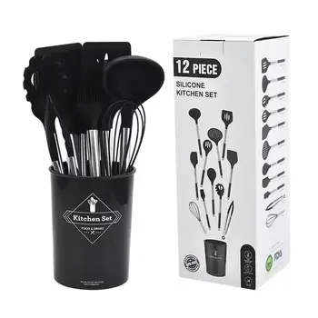 Силіконовий набір кухонного приладдя Vialex B0B9H4S296, 12 предметів, чорний