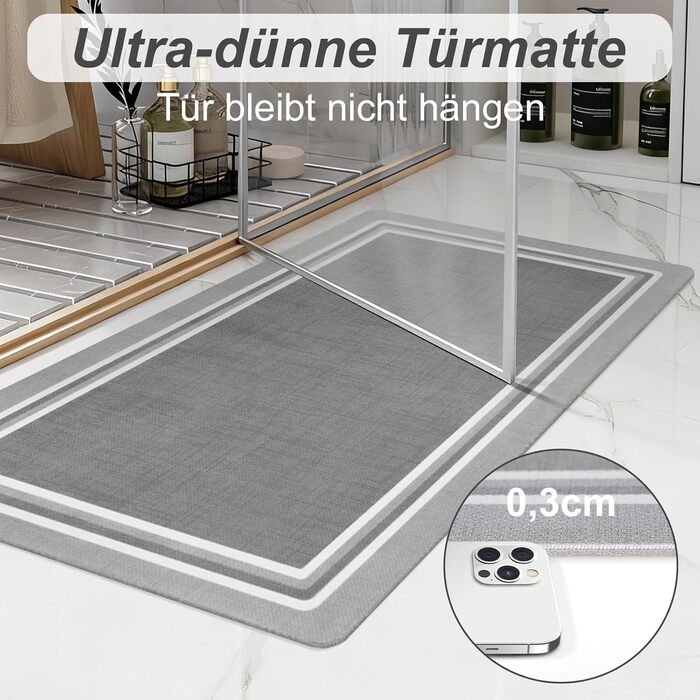 Нековзний килимок для ванної, швидковисихаючий килимок для ванної тонкий, абсорбуючий, нековзний, миючий килимок для ванної кімнати, для підлоги у ванній кімнаті, ванн та душових кабін на відкритому повітрі, світло-сірий, 60 x 40 см (прямокутний)