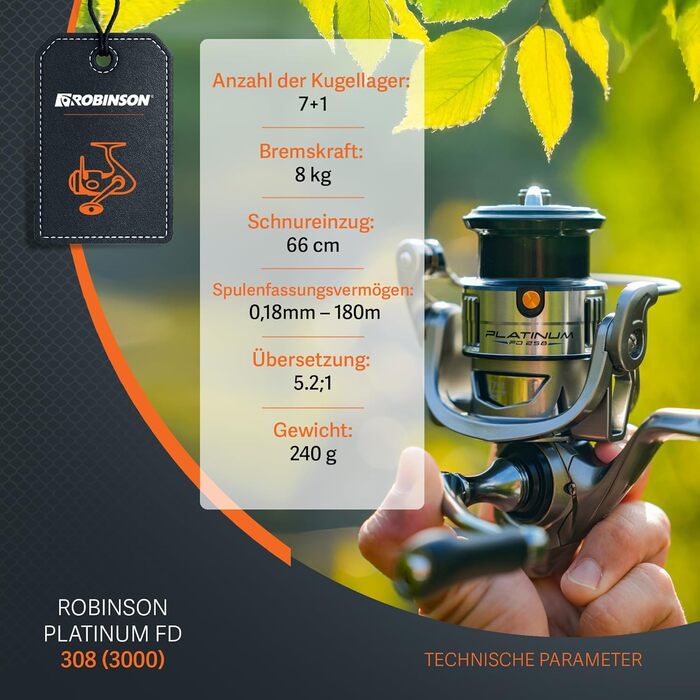 Котушка для спінінгу Robinson з 8 кульковими підшипниками - антиреверс - графітовий корпус - алюмінієва шпуля - передавальне число 5.21 - гальмівний вал 8 кг - котушка для спінінгу - Platinum 3000