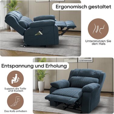 Електрично регульоване крісло для телевізора, крісло-реклайнер з функцією лежання, крісло для телевізора з функцією масажу та підігріву, приховані підстаканники, порти типу C та USB, до 160 кг (синій)