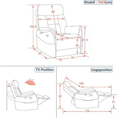 Крісло для телевізора M MCombo з електричним регулюванням, крісло-реклайнер з функцією відкидання, масажне крісло, висота 3 см біля стіни, крісло для телевізора для невеликих приміщень, USB-порт та поперекова подушка, вітальня, 7063 (бежево-коричневий)