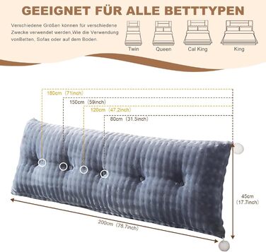 Подушка для спини, клиноподібна подушка, подушка для спини ліжка та дивана, зручна подушка для читання зі знімним чохлом та практичною бічною кишенею - ідеально підходить для того, щоб спиратися на неї в ліжку, світло-сіра, 200 см