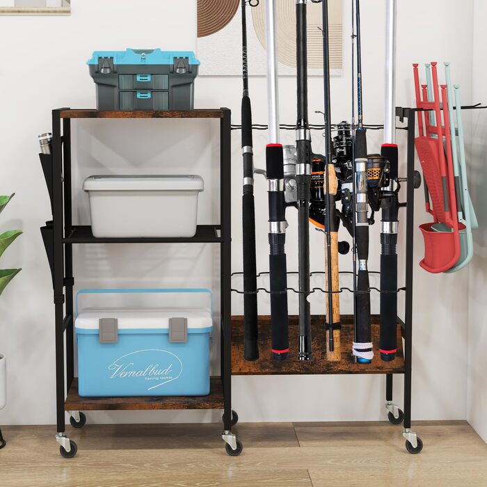 Тримач для вудки GIANTEX, підставка для 12 вудок, тримач для вудки з котушками, рибальські аксесуари, 3-рівнева рибальська підставка з гачками та сумкою, візок для рибальських снастей, органайзер для вудок, 84 x 30 x 82 см