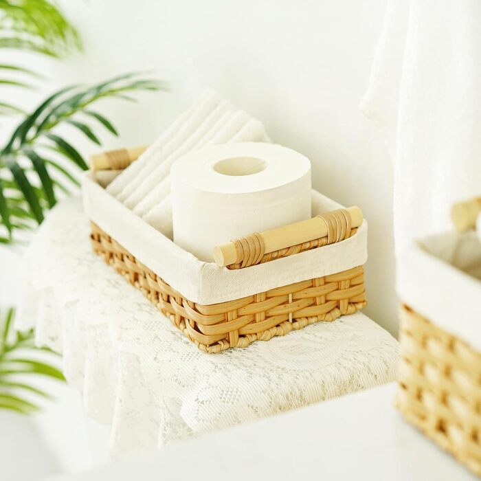 БАБУСЯ КАЖЕ Вузькі кошики для зберігання, кошики для зберігання туалетного паперу з 2 шт. , плетений кошик для зберігання, плетений кошик з полицями, водонепроникні кошики для ванної кімнати, декоративні кошики для пеленального столика - натуральні