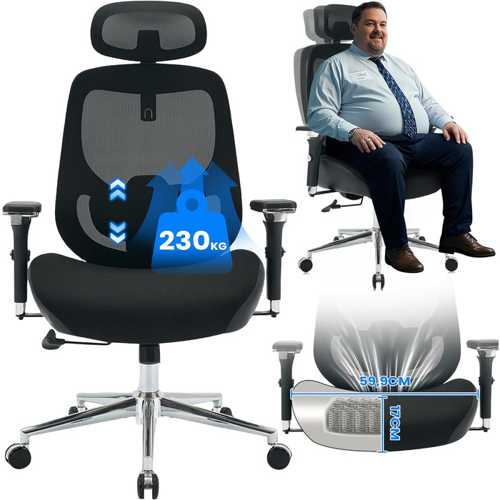 Ергономічне офісне крісло, вантажопідйомність 200 кг, з 4D підлокітниками, робоче крісло з регульованим підголівником, поперековою опорою, функцією гойдання для користувачів з вагою, сітчасте комп&39ютерне крісло