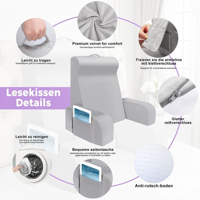 Подушка для читання Babenest зі знімними підлокітниками, зручна та легка подушка для спини ліжка та дивана, спинка сидіння з оксамитом, що миється, для читання, ігор або перегляду телевізора (модель L-діапазону)