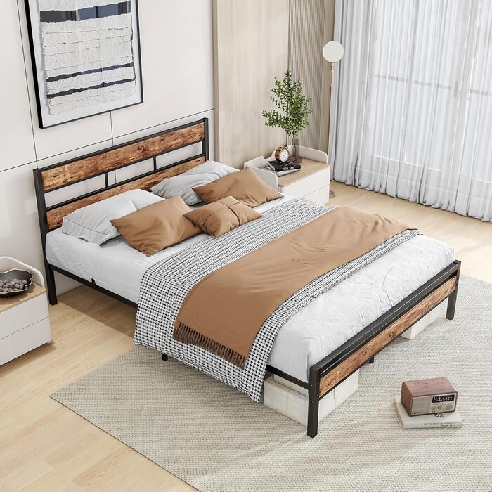 Каркас ліжка 140x200, Двоспальне ліжко, Металевий каркас ліжка 140x200 з металевою рейковою основою та узголів&39ям, Легке складання, Гостьове ліжко, Дитяче ліжко, Для спальні/гостьової кімнати, Чорний каркас ліжка 140 x 200 см