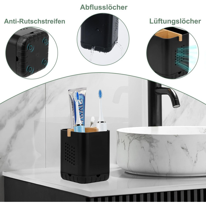 Тримач для зубної щітки BYUNER Тримач для електричної зубної щітки Насадки для щіток Органайзер для ванної кімнати Чашка для зубної щітки Знімний тримач для зубної щітки зі зливним отвором (чорний)