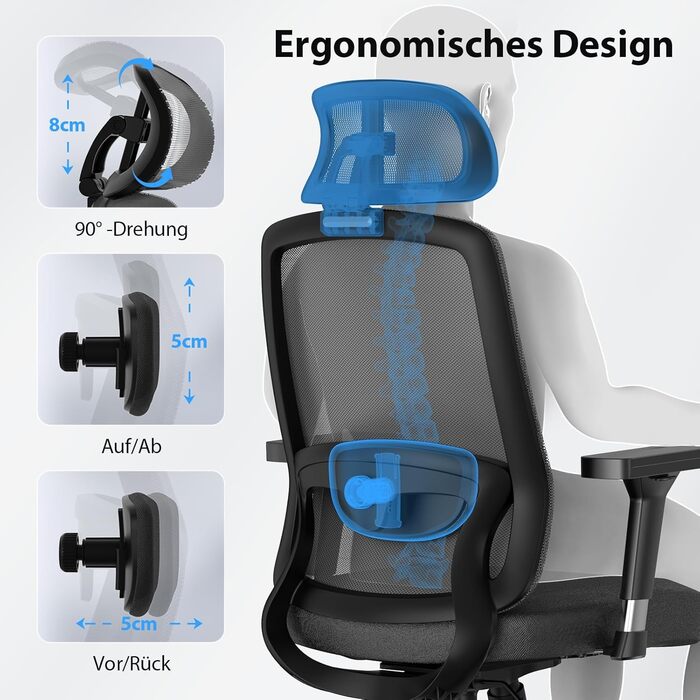 Ергономічне офісне крісло mfavour з гумовими колесами, 4D підлокітниками, регульованим підголівником та поперековою опорою, дихаюче сітчасте робоче крісло, металева основа, вантажопідйомність до 150 кг, чорний колір, 70 Г x 66 Ш x 134 В