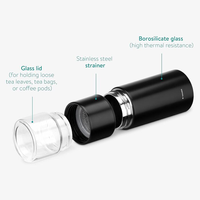 Чайна пляшка Navaris з нержавіючої сталі та скла з ситечком - пляшка для чаю 300 мл, чайник на винос - кухоль для чаю, пляшка для пиття, чайник для заварювання чаю з боросилікатного скла