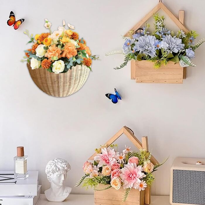 Плетений настінний кошик з ротанга, підвісний кошик у стилі бохо, кошик для квітів, кошик для зберігання, декоративний кошик для вітальні, кухні, дитячої кімнати, ванної кімнати, спальні, коридору (великий x 2)