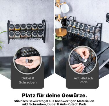 Підставка для спецій Deco haus, настінна та настінна З БАНКАМИ ДЛЯ СПЕЦІЙ ТА ЕТИКЕТКАМИ - Органайзер для спецій - Підставка для спецій, Підвісна система зберігання спецій, Банки для спецій з полицею, Чорний - Набір з 12 предметів
