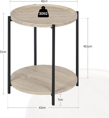 Круглий журнальний столик WOLTU, бічний столик з 2 полицями, стіл для вітальні зі знімною стільницею, тумбочка, столик для дивана, телефонний столик для вітальні та спальні, виготовлений з МДФ та металу, світлий дуб, BTS06hei