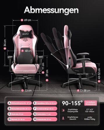 Ігрове крісло AutoFull C3, ергономічне ігрове крісло з поперековою опорою, регулюванням висоти та функцією нахилу, ігрові крісла з підставкою для ніг, вантажопідйомність 150 кг, гоночний дизайн сидіння зі штучної шкіри (рожевий)