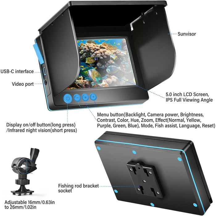Більш глибокий ехолот, підводна камера для риболовлі, ширококутне інфрачервоне нічне бачення, водонепроникний хост IP65 з 5-дюймовим IPS-дисплеєм для EIS, річки та човна.