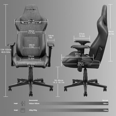 Ергономічне ігрове крісло Підтримка голови та попереку, велике високе офісне крісло, тканинний чохол, функція нахилу 155 з механізмом блокування, темно-сірий