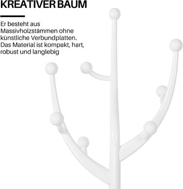 Вішалка для одягу Bekrvio, окремостояча вішалка для одягу з масиву дерева з 8 гачками, деревоподібний дизайн, ялинка зі стійкою кульковою основою, вантажопідйомність до 75 кг, для коридору, вхідної зони, спальня білого кольору 062