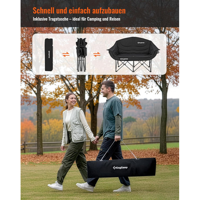 Розкладний кемпінговий диван KingCamp (до 300 кг), розкішне розкладне кемпінгове крісло для 2 осіб, м&39який кемпінговий диван з підлокітниками, подвійне кемпінгове крісло з високою спинкою, 1-, 2- та 3-місна кемпінгова лавка для саду або балкону (L - чор