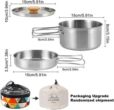 Набір посуду для кемпінгу з нержавіючої сталі каструля з кришкою та складаною ручкою, портативний посуд для туризму, походів, риболовлі та пікніків