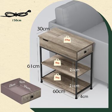 Журнальний столик WLIVE з розеткою, 3-рівнева тумбочка з місцем для зберігання, 2 розетки змінного струму, 2 USB-порти, складна стільниця, журнальний столик для вітальні, кабінету, сірий