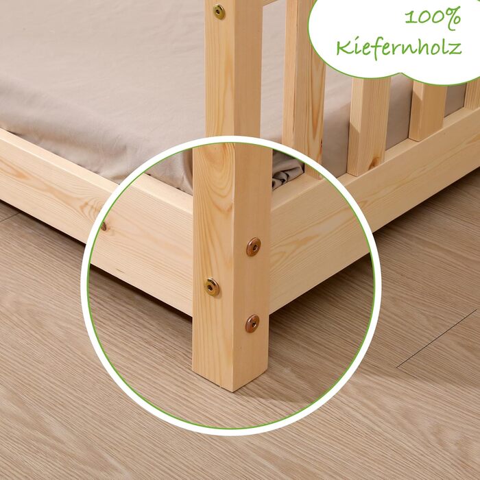 Дитяче ліжко ecomi 80x160 із захистом від падіння, Ліжко на підлозі, Рейкова основа для дітей, Дитячі ліжка для дівчаток та хлопчиків, Масив сосни з натуральним покриттям, 80 x 160 см