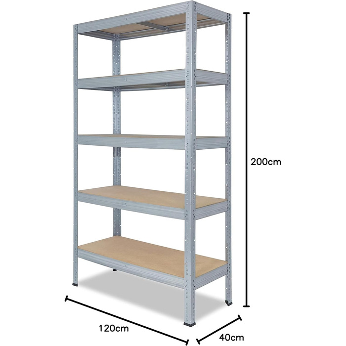 Професійний надміцний стелаж, оцинкований/металевий стелаж з 5 полицями, вантажопідйомність 200 кг кожна/металевий стелаж для підвалу, гаражний стелаж, стелаж для майстерні або стелаж для зберігання/металевий стелаж без болтів В 200см / Ш 120см / Г 40см, 