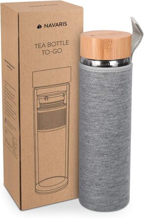 Скляна пляшка для чаю Navaris з нержавіючої сталі - пляшка для чаю 500 мл, чайник на винос - пляшка для пиття з боросилікатного скла з подвійними стінками та сірим прозорим рукавом