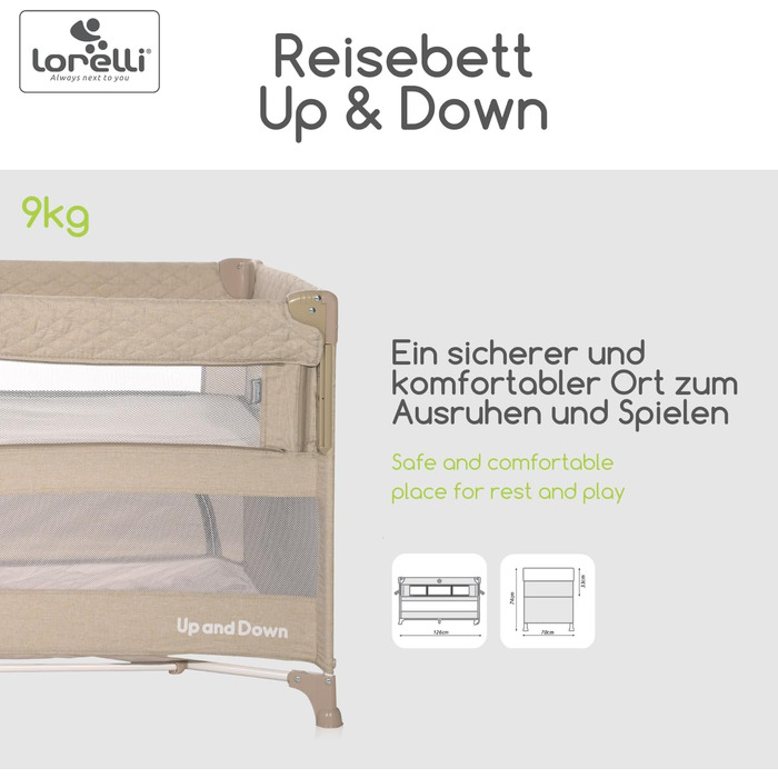 Дитяче ліжечко Lorelli 3-в-1, приліжкове ліжечко та манеж, що розкладається вгору та вниз, 2-рівневе дитяче ліжко з боковим входом та складною бічною панеллю, дитяче дорожнє ліжечко, бежево-коричневий колір