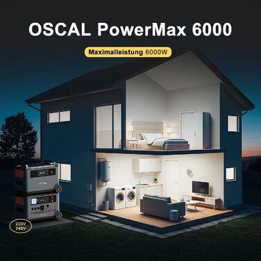 Система живлення OSCAL PowerMax 6000 Ultimate подвійна акумуляторна станція потужністю 10,8 кВтгод з вихідною потужністю 6000 Вт, 2 сонячні панелі по 500 Вт (1000 Вт), сонячний генератор для аварійного живлення побутових приміщень та надзвичайних ситуацій