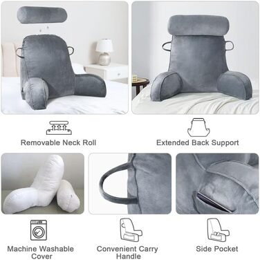 Подушка для читання Mingfuxin для ліжка, подушка для ліжка зі знімним валиком для шиї та вищим підлокітником для сидіння в ліжку, дивані, підлозі, подушка для читання зі спинкою для дорослих, подушка для спини для читання, перегляду телевізора, сірий полі