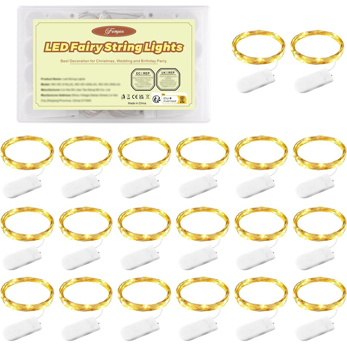 Світлодіодна батарея казкових вогнів, 20 шт. 1M 10 світлодіодів теплі білі внутрішні казкові вогні з акумулятором для спальні, веч