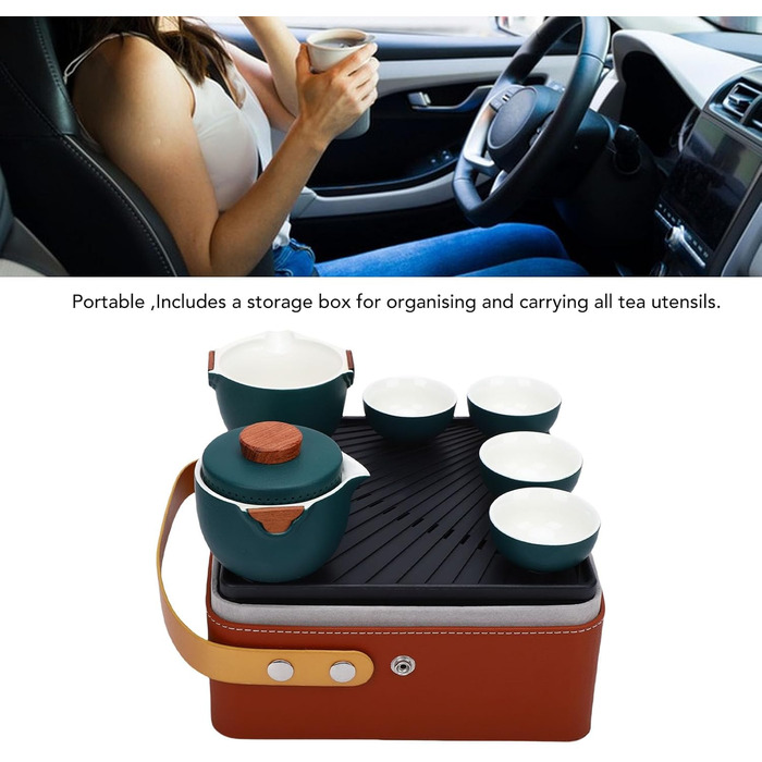 Гонфу-Чайний Сервіс, Портативний Керамічний Чайник з Елегантним Коричневим Шкіряним Футляром, Традиційний Темно-Зелений Дизайн для Дому, Офісу, Подорожей та як Подарунок