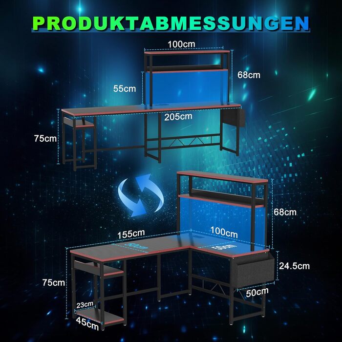 Кутовий ігровий стіл Devoko 155x100 см - світлодіодне освітлення, 2 розетки 2 USB-порти, чорний - Комп&39ютерний стіл із місцем для зберігання для геймерів та домашнього офісу 155 x 100 см, чорний