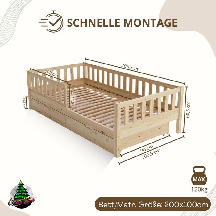 Дитяче ліжко з шухлядою 100x200 см Ліжко Монтессорі з масиву дерева із захистом від падіння Безпечне дитяче ліжко Скандинавський дизайн, легке складання Crazy Basic 200 x 100 см з натурального дерева з шухлядами