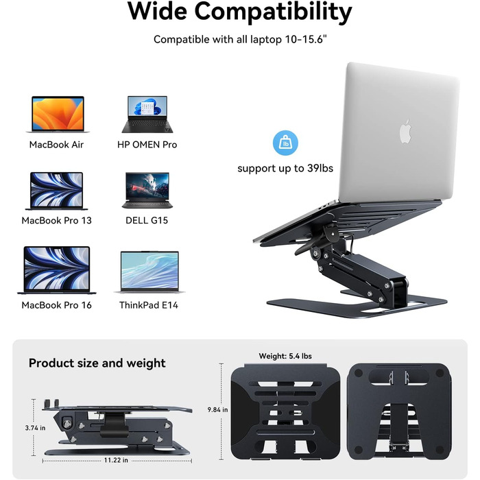 Підставка для ноутбука GIISSMO, регульована по висоті, з алюмінієвим корпусом та вентиляцією для столу, сумісна з MacBook Pro/Air 10-17, Dell, Lenovo, Samsung, Acer, Huawei MateBook