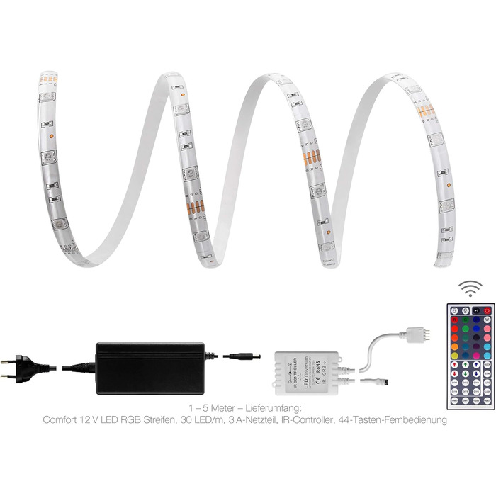 Метровий комфортний набір світлодіодних стрічок RGB з блоком живлення, контролером і 44-кнопковим інфрачервоним пультом дистанційного керування, 30 світлодіодів/м, IP65, 12V, 5050 SMD, 7,2 Вт/м, для вітальні, спальні, балкона, тераси, 1,5