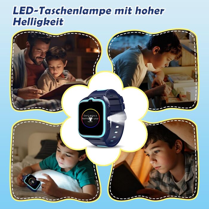Дитячий смарт-годинник зі слотом для SIM-картки та підтримкою 4G, LBSWiFiGPS-трекер, ліхтарик, екстрений виклик SOS, шкільний режим, телефонний дзвінок, голосовий чат, IP67, дитячий годинник для хлопчиків та дівчаток 5-12 років, синій