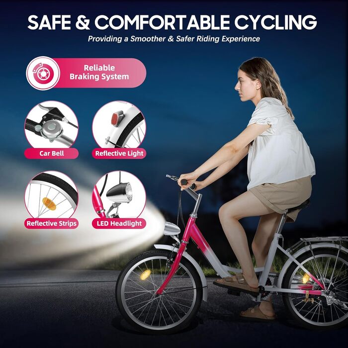Преміальний 20-дюймовий велосипед для дівчаток, 6 швидкостей, рожевий, рама з вуглецевої сталі з передніми та задніми гальмами, регулювання висоти для зросту 145-165 см, максимальне навантаження 90 кг