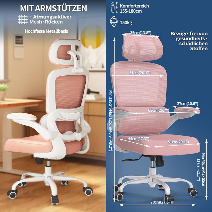 Ергономічне офісне крісло TRALT - Офісне крісло з регульованою поперековою опорою та підголівником, Ігрове крісло - Офісне крісло - Крісло для столу, Крісло для домашнього офісу, Ергономічне, Вага вантажопідйомність 150 кг, для високих людей, Рожеве