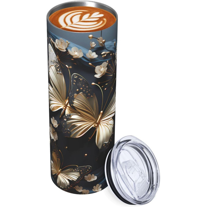 Кухоль з прямою трубочкою, 590 мл, золотистого кольору, білі метелики, чорний, з принтом, дорожній кухоль, підходить для кемпінгу, офісу та дому