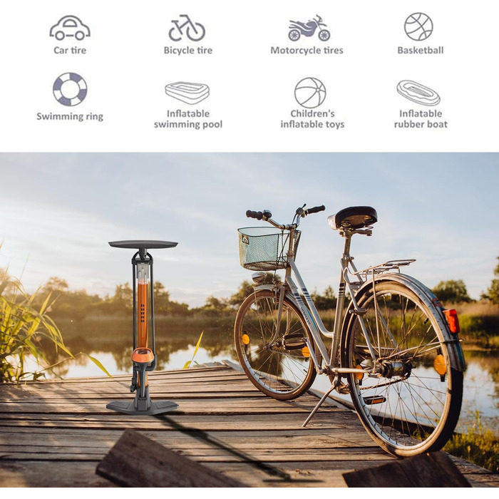 Велосипедний насос GOBKO, підлоговий, 129x23.5x12 см, 11 бар / 160 psi, сталь, помаранчевий