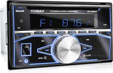 Автомагнітола XOMAX XM-2CDB622 з програвачем компакт-дисків, Bluetooth, радіотюнер RDS, 7 кольорів з регулюванням (червоний, синій, зелений, жовтий, фіолетовий, білий, бірюзовий) USB, SD для MP3 WMA, AUX, 2 шт. роз'єм для сабвуфера, 2DIN